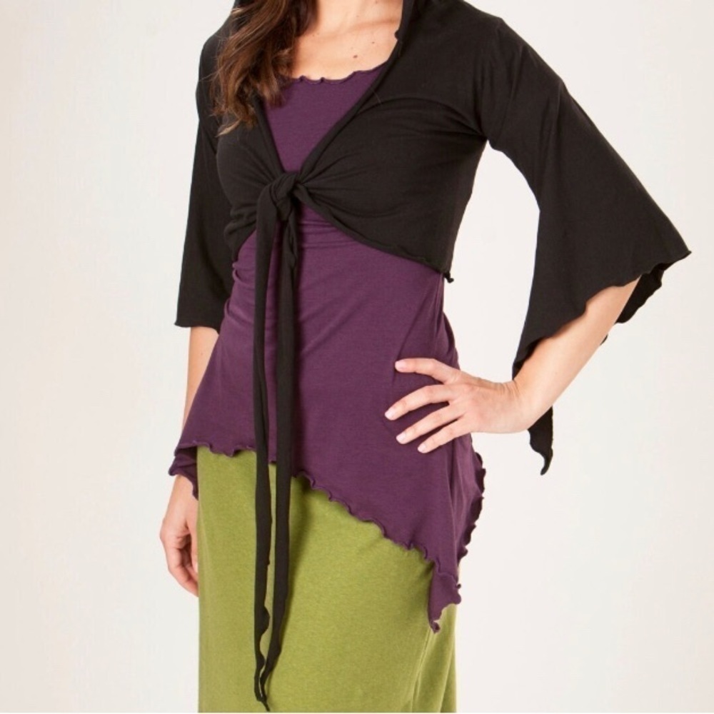 Rowan Grey Butterfly Pixie Bolero Black Wrap Top Organic Bamboo/Cotton S